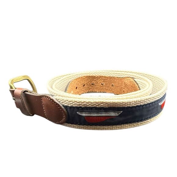 Leather Man Ltd. Belt Mens Size 42 Navy Leather Brass Buckle Woven Sailboat - Picture 8 of 16